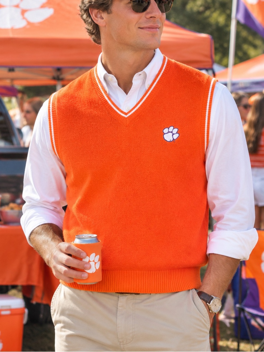 Men's Clemson Tigers Orange Sweater Vest Paw Logo White Trim Game Day Preppy